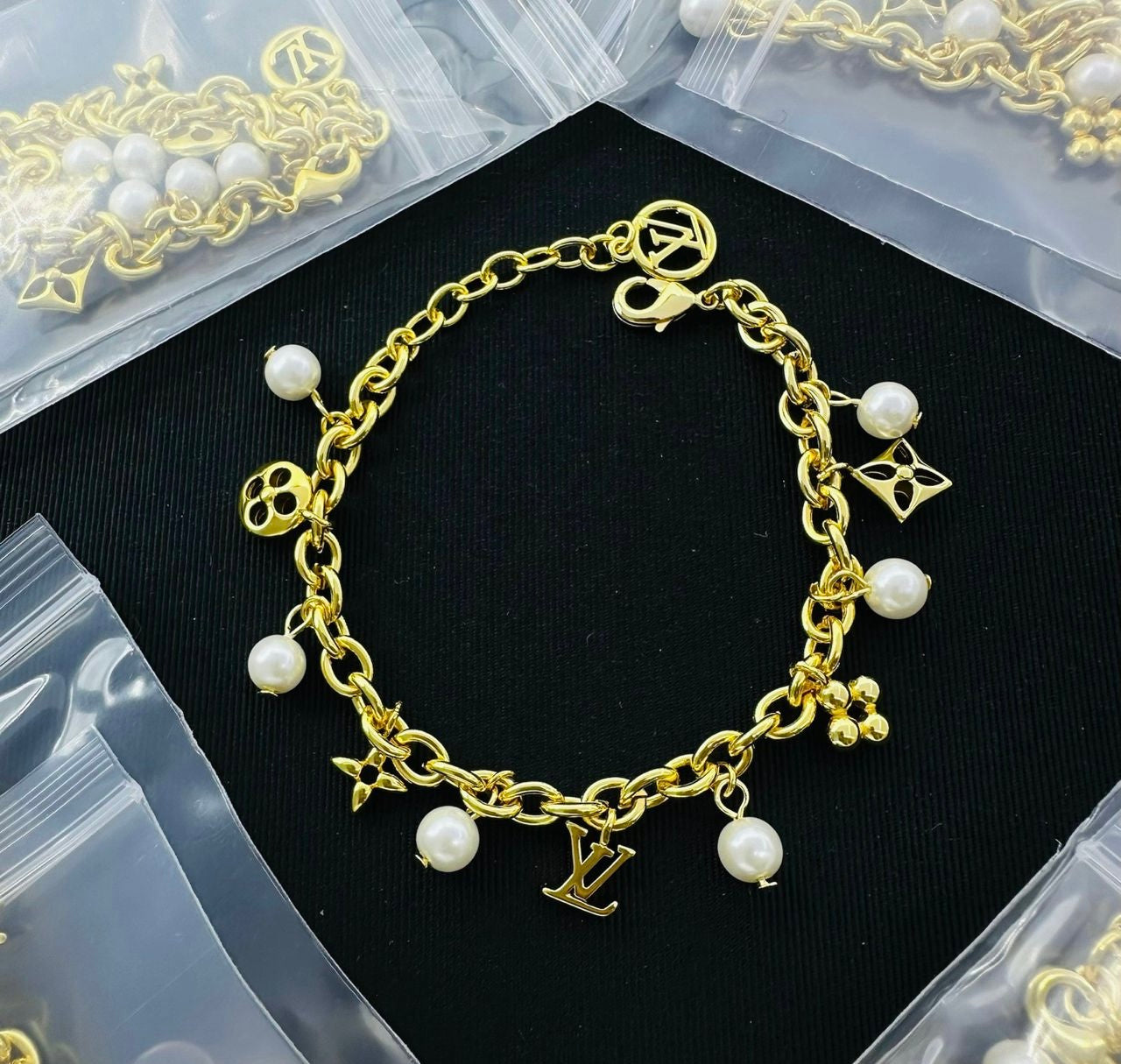 Golden Pearl Charm Link Bracelet